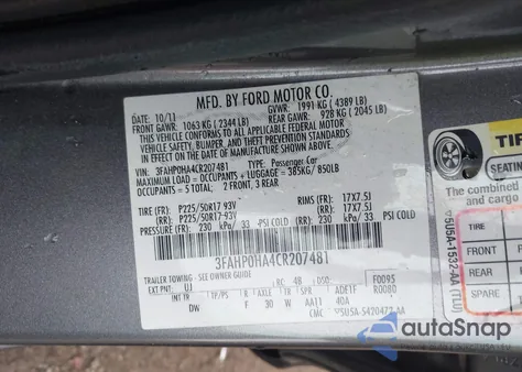 2012 Ford Fusion Se z USA, uszkodzony, nr VIN 3FAHP0HA4CR207481